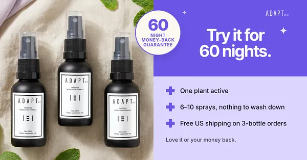 Adapt X.1 ad, Offer panel layout, 1.91:1: three bottles on linen beside a violet offer panel