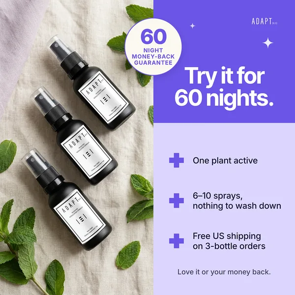 Adapt X.1 ad, Offer panel layout, 1:1: three bottles on linen beside a violet offer panel