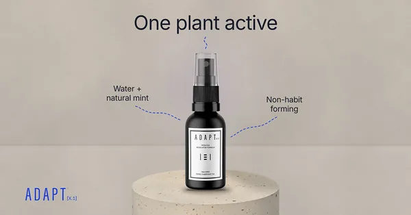 Adapt X.1 ad, Pedestal layout, 1.91:1: the bottle on a terrazzo pedestal with dashed callouts