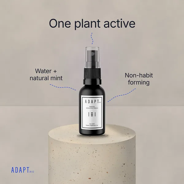 Adapt X.1 ad, Pedestal layout, 1:1: the bottle on a terrazzo pedestal with dashed callouts