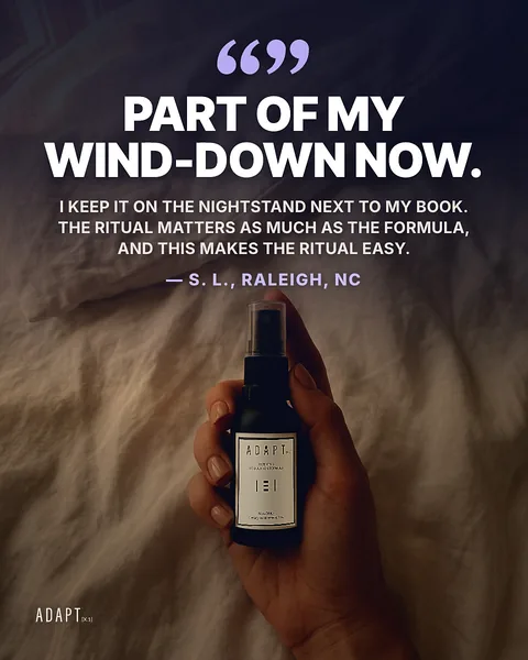 Adapt X.1 ad, Photo quote layout, 4:5: a customer quote over a dark photo of a hand with the bottle