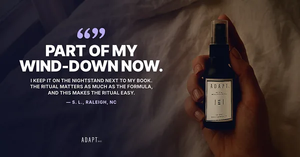 Adapt X.1 ad, Photo quote layout, 1.91:1: a customer quote over a dark photo of a hand with the bottle