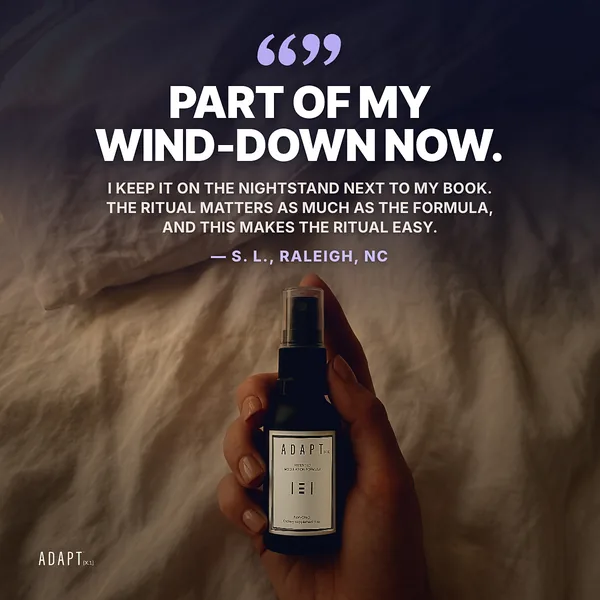 Adapt X.1 ad, Photo quote layout, 1:1: a customer quote over a dark photo of a hand with the bottle