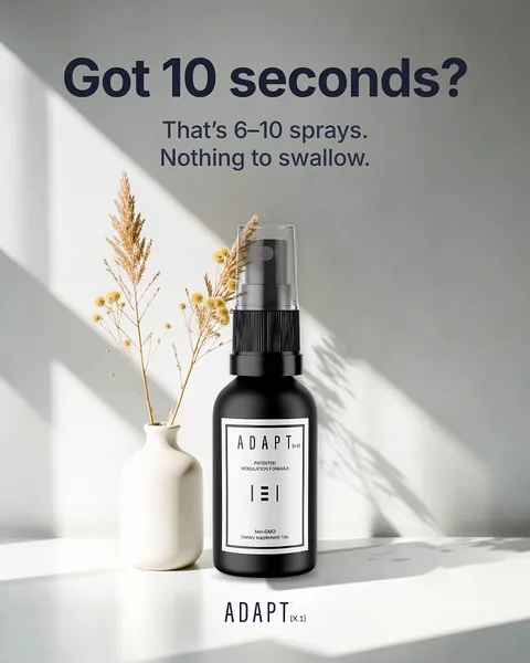 Adapt X.1 ad, Got 10 seconds? layout, 4:5: the bottle beside a vase of dried grass in sunlight, headline "Got 10 seconds?"