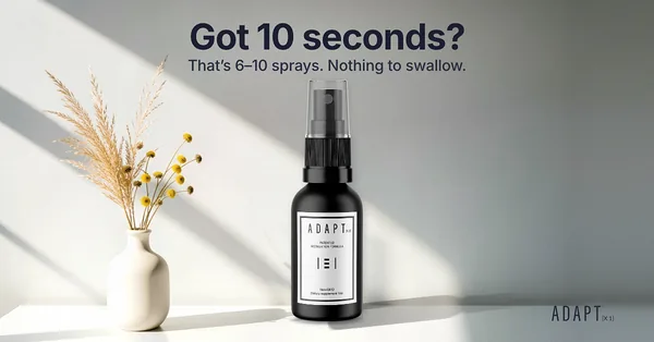 Adapt X.1 ad, Got 10 seconds? layout, 1.91:1: the bottle beside a vase of dried grass in sunlight, headline "Got 10 seconds?"