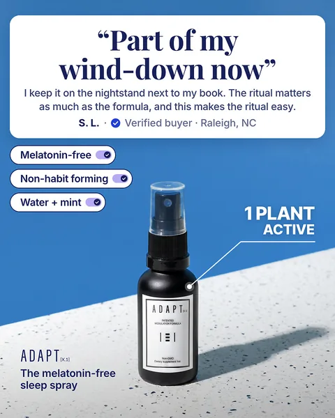 Adapt X.1 ad, Quote toggles layout, 4:5: a quote card with toggles above the bottle on blue