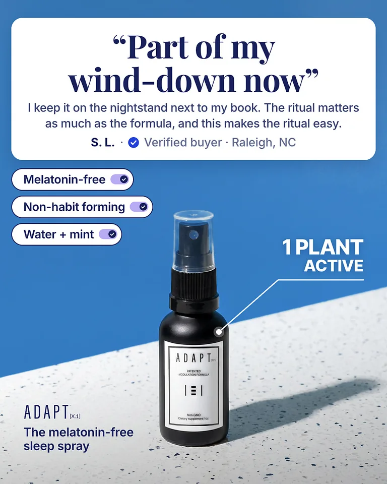 Adapt X.1 ad, Quote toggles layout, 4:5: a quote card with toggles above the bottle on blue