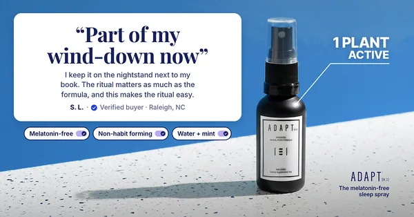 Adapt X.1 ad, Quote toggles layout, 1.91:1: a quote card with toggles above the bottle on blue