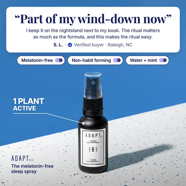 Adapt X.1 ad, Quote toggles layout, 1:1: a quote card with toggles above the bottle on blue