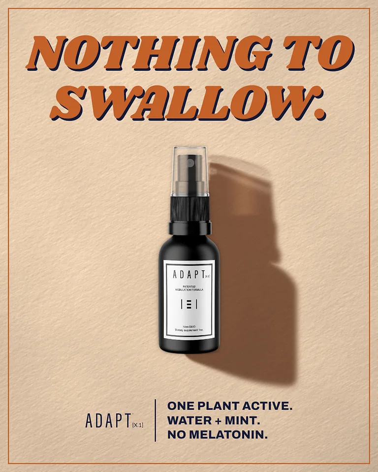 Adapt X.1 ad, Retro claim layout, 4:5: a retro headline "Nothing to swallow." on tan