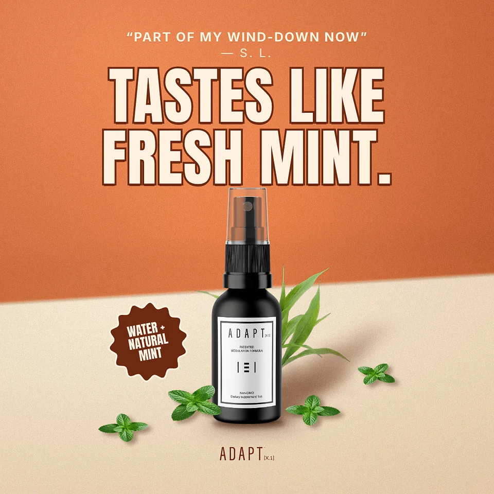 Adapt X.1 ad, Retro headline layout, 1:1: a retro headline "Tastes like fresh mint." on orange