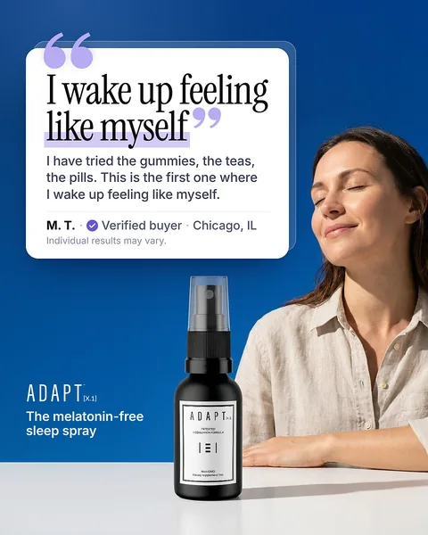 Adapt X.1 ad, Review layout, 4:5: a review quote beside a woman with her eyes closed in sunlight
