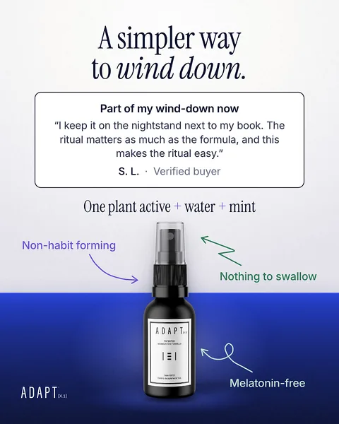 Adapt X.1 ad, Review callouts layout, 4:5: a review card and hand-drawn callouts above the bottle on blue