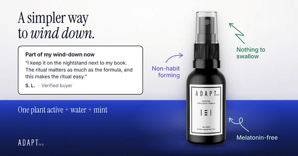 Adapt X.1 ad, Review callouts layout, 1.91:1: a review card and hand-drawn callouts above the bottle on blue