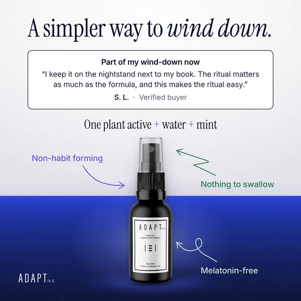 Adapt X.1 ad, Review callouts layout, 1:1: a review card and hand-drawn callouts above the bottle on blue