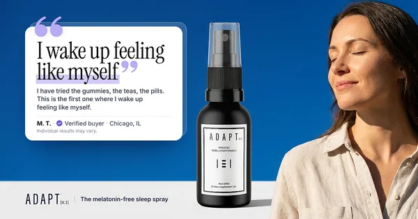 Adapt X.1 ad, Review layout, 1.91:1: a review quote beside a woman with her eyes closed in sunlight
