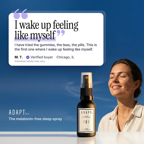 Adapt X.1 ad, Review layout, 1:1: a review quote beside a woman with her eyes closed in sunlight