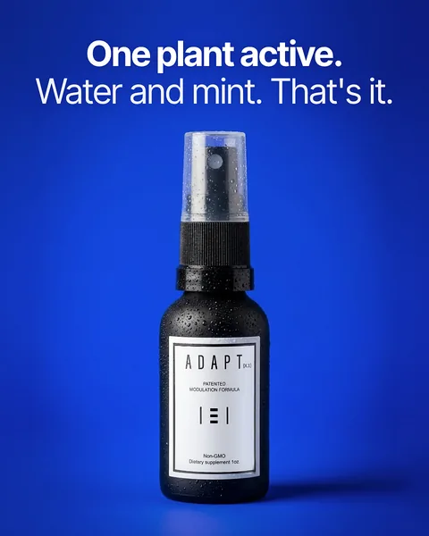 Adapt X.1 ad, Solid hero layout, 4:5: the bottle on solid blue, headline "One plant active. Water and mint. That's it."