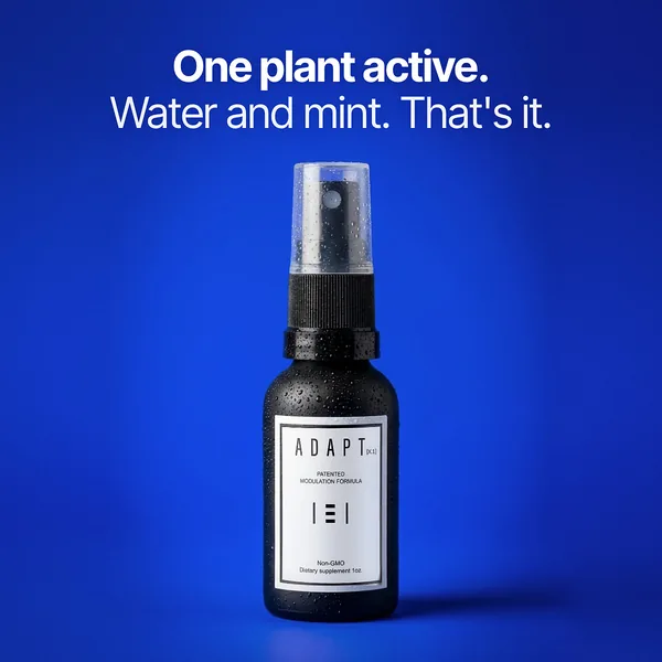 Adapt X.1 ad, Solid hero layout, 1:1: the bottle on solid blue, headline "One plant active. Water and mint. That's it."