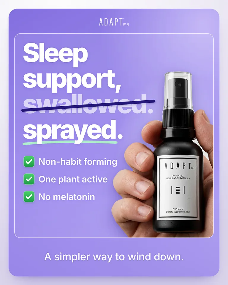Adapt X.1 ad, Strike-through layout, 4:5: a struck-through headline, swallowed then sprayed, with a hand holding the bottle