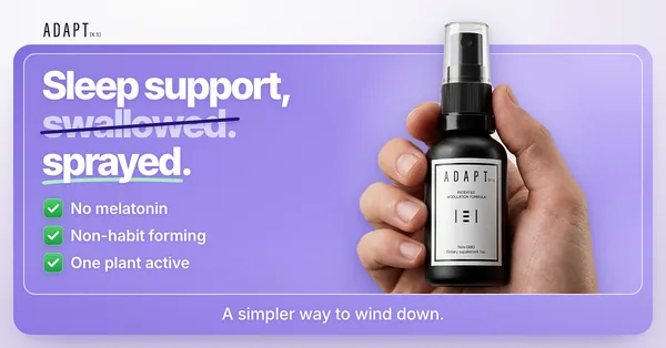 Adapt X.1 ad, Strike-through layout, 1.91:1: a struck-through headline, swallowed then sprayed, with a hand holding the bottle