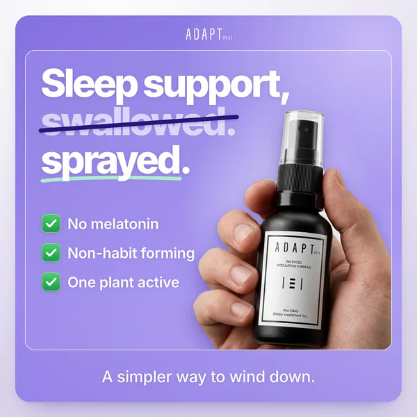 Adapt X.1 ad, Strike-through layout, 1:1: a struck-through headline, swallowed then sprayed, with a hand holding the bottle
