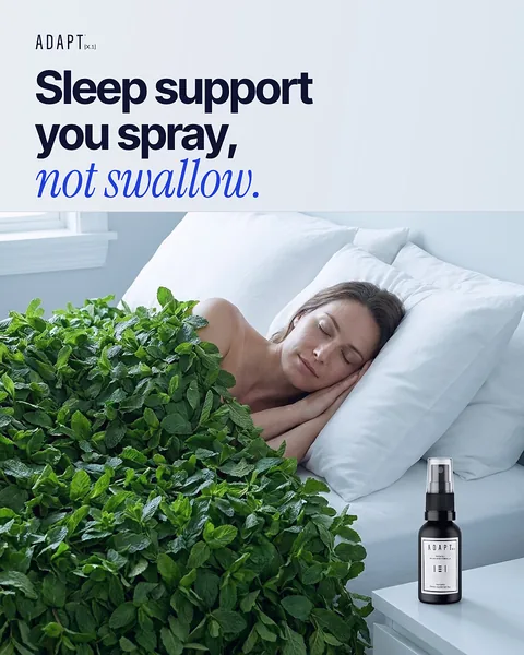 Adapt X.1 ad, Surreal bed layout, 4:5: a woman asleep in a bed set into a hedge, with the bottle on the nightstand
