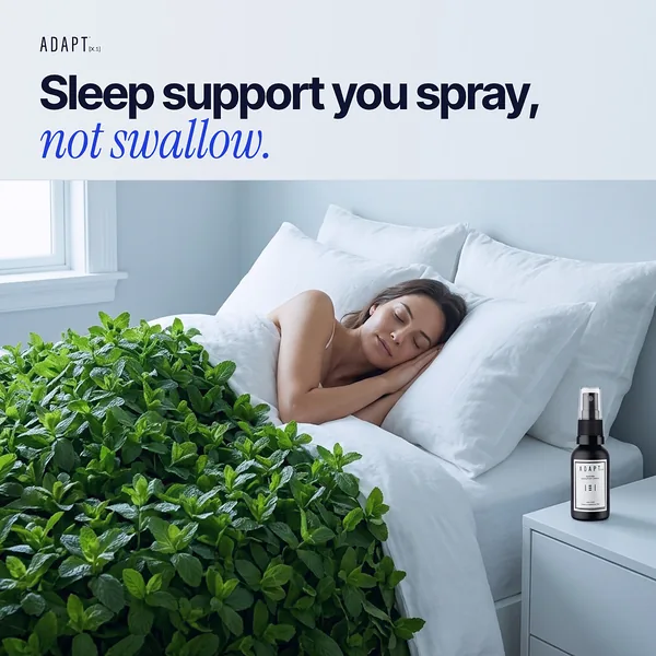 Adapt X.1 ad, Surreal bed layout, 1:1: a woman asleep in a bed set into a hedge, with the bottle on the nightstand