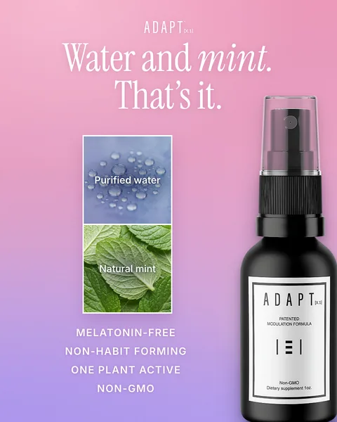 Adapt X.1 ad, Swatch layout, 4:5: water and mint swatches beside the bottle on pink and violet