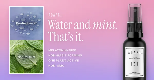Adapt X.1 ad, Swatch layout, 1.91:1: water and mint swatches beside the bottle on pink and violet