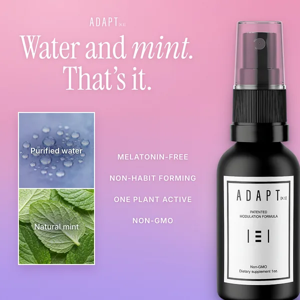 Adapt X.1 ad, Swatch layout, 1:1: water and mint swatches beside the bottle on pink and violet