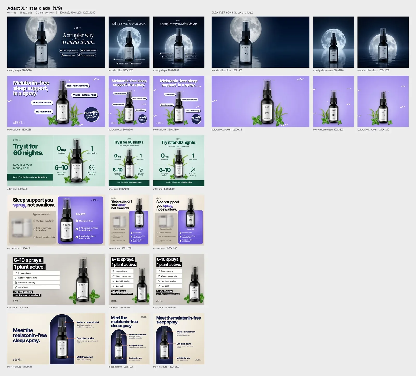 A board of Adapt X.1 ads in 1:1, 1.91:1 and 4:5, grouped by layout