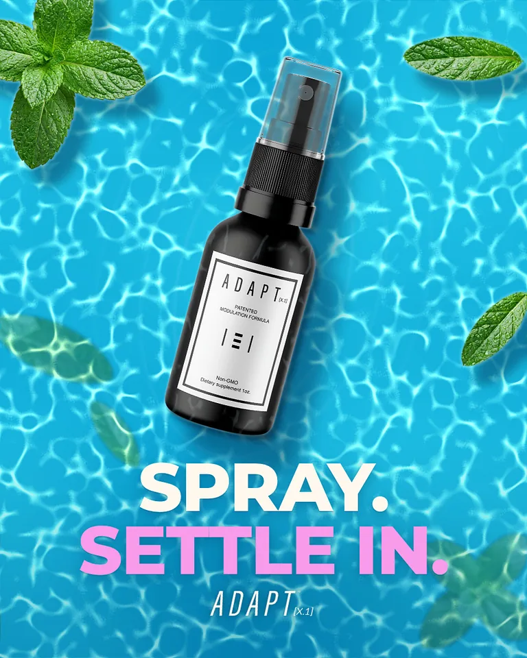 Adapt X.1 ad, Tagline poster layout, 4:5: the bottle in rippling pool water with mint leaves, headline "Spray. Settle in."