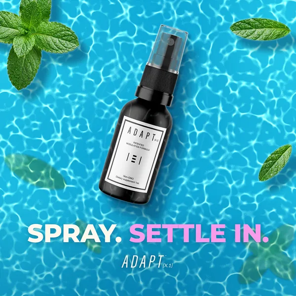 Adapt X.1 ad, Tagline poster layout, 1:1: the bottle in rippling pool water with mint leaves, headline "Spray. Settle in."