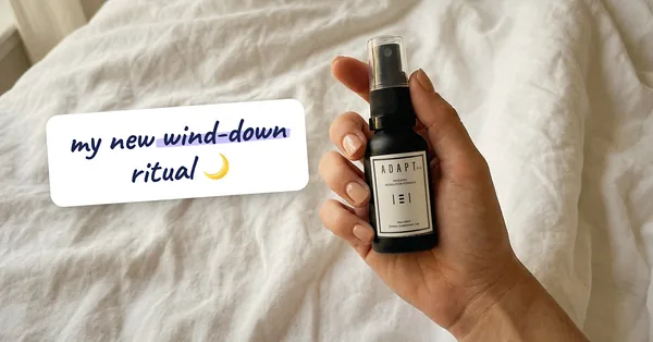 Adapt X.1 ad, Wind-down note layout, 1.91:1: a handwritten note and a hand holding the bottle on linen