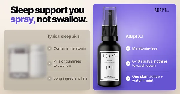 Adapt X.1 ad, Us vs them layout, 1.91:1: Adapt X.1 against typical sleep aids, side by side