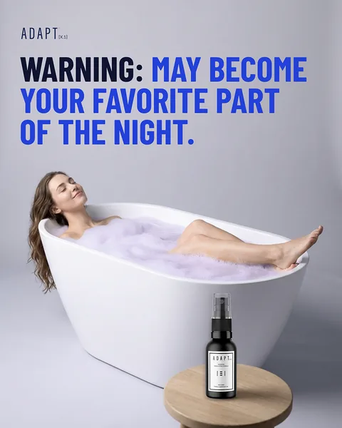 Adapt X.1 ad, Warning label layout, 4:5: a warning-label headline over a woman relaxing in a bath