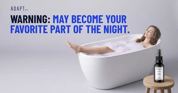 Adapt X.1 ad, Warning label layout, 1.91:1: a warning-label headline over a woman relaxing in a bath
