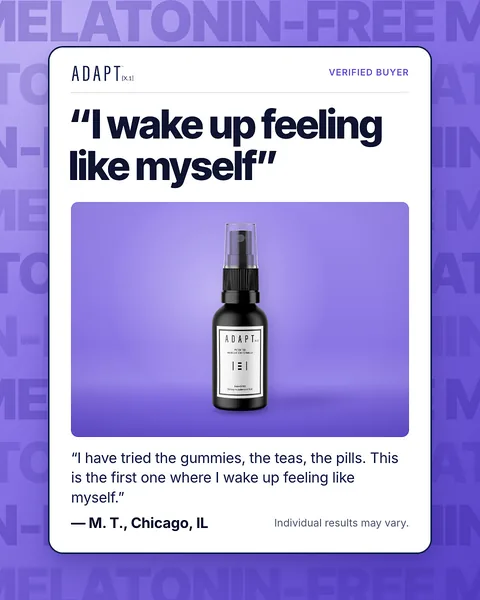 Adapt X.1 ad, Word pattern layout, 4:5: a quote card on a background pattern of the word melatonin-free
