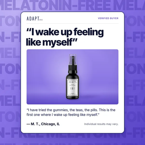 Adapt X.1 ad, Word pattern layout, 1:1: a quote card on a background pattern of the word melatonin-free