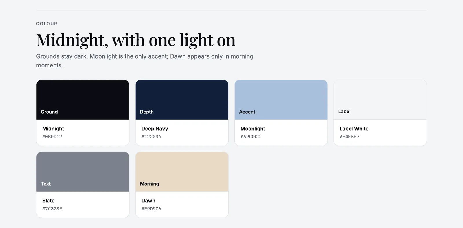 Adapt X.1 palette: Midnight, Deep Navy, Moonlight, Label White, Slate and Dawn