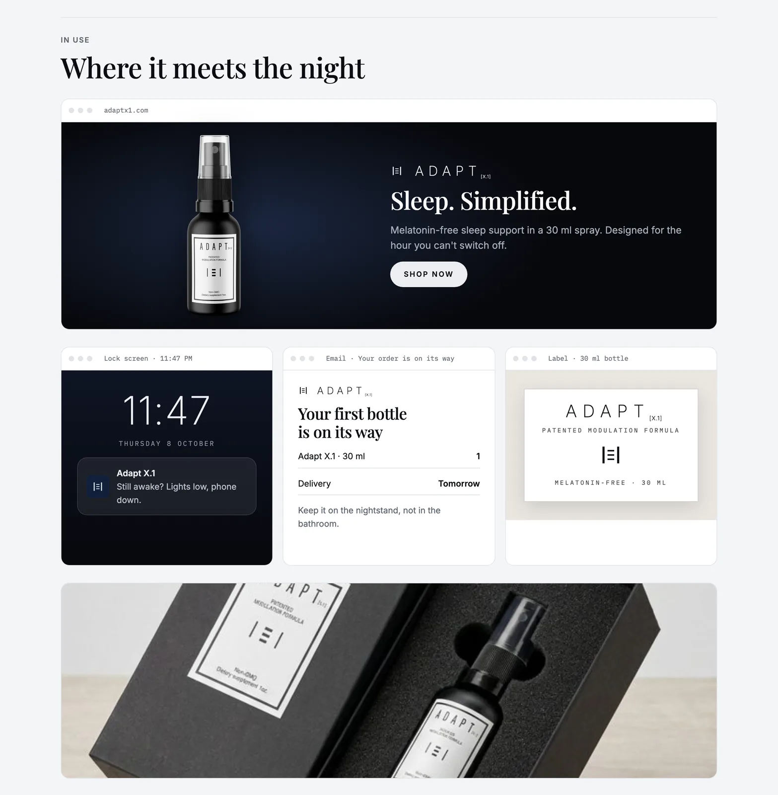 Adapt X.1 in use: store hero, lock-screen notification, order email and label