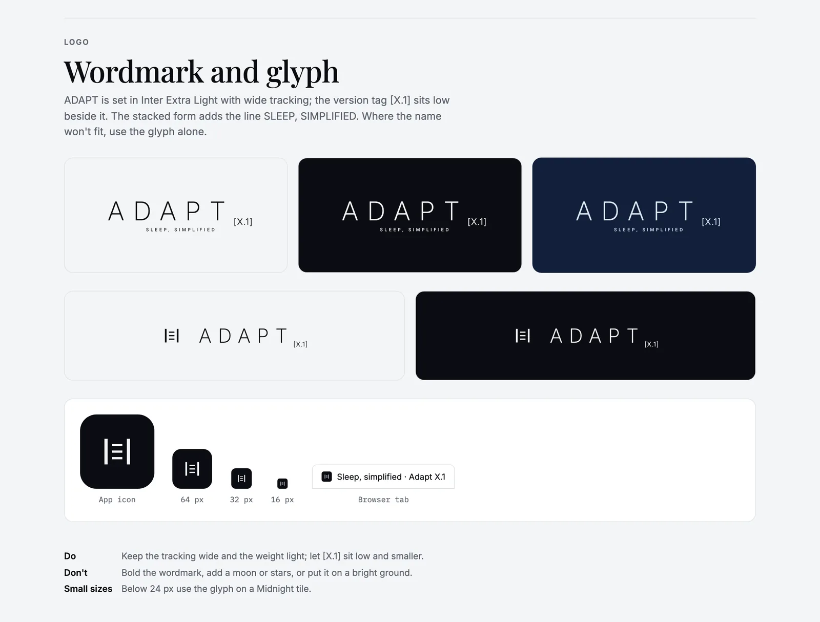 Adapt X.1 wordmark on light, Midnight and Deep Navy grounds, with the label glyph from app icon down to 16 px and a browser tab