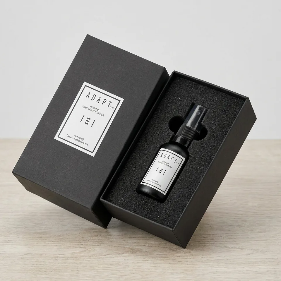 Adapt X.1 bottle in its open black gift box
