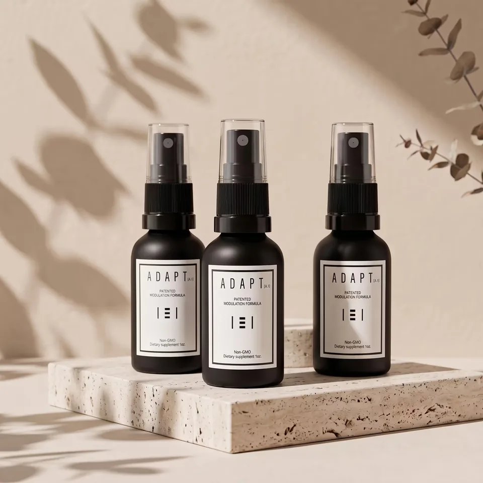 Three Adapt X.1 bottles on travertine in soft window light