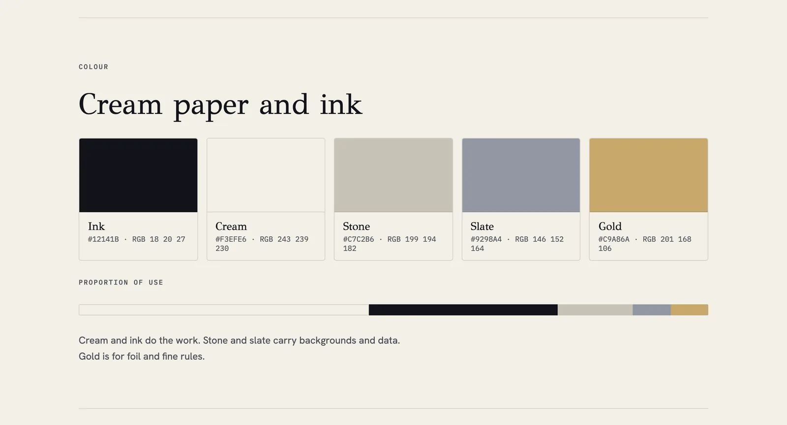 AUERA palette: Ink, Cream, Stone, Slate and Gold