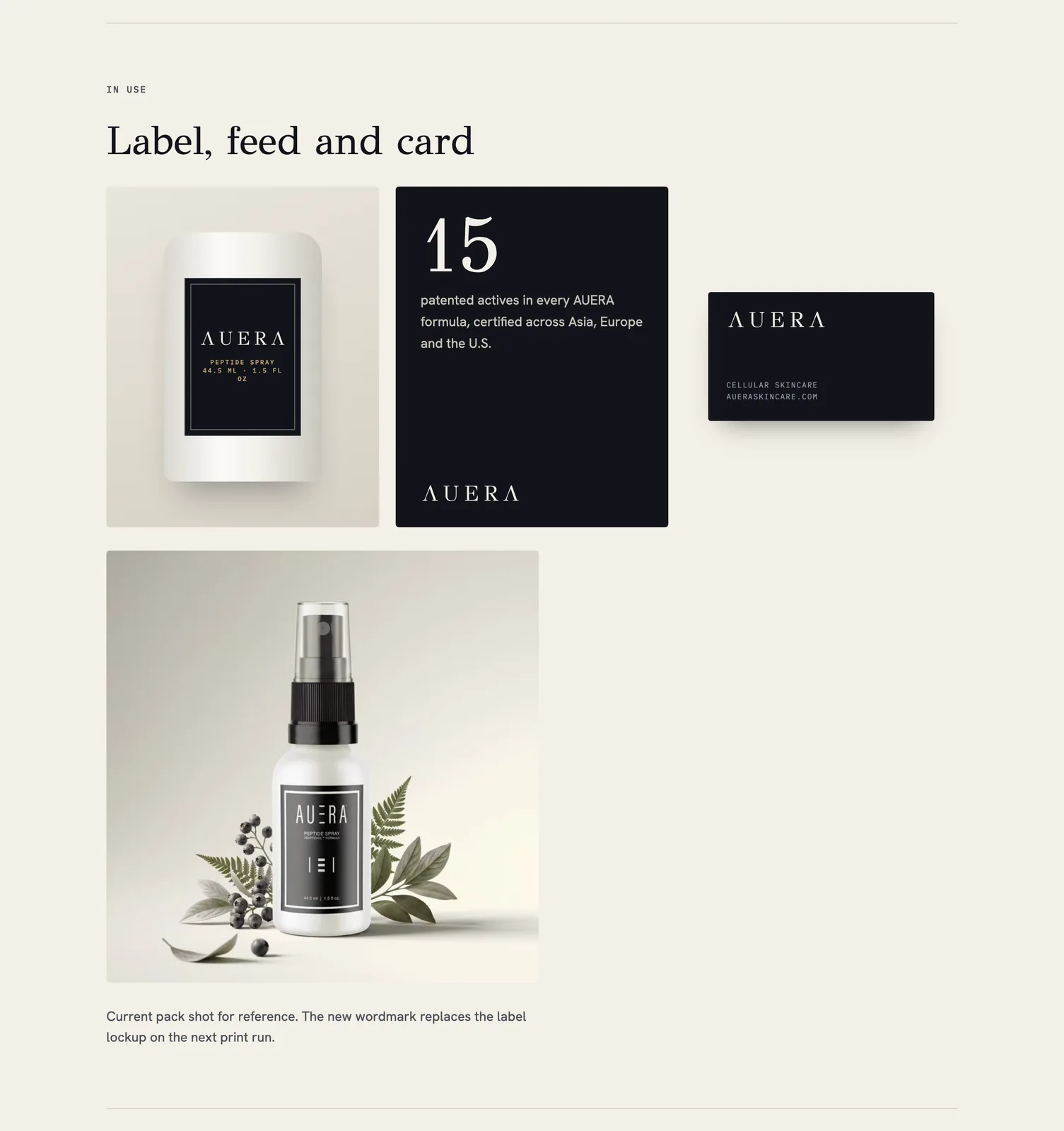 AUERA in use: label, social post and business card