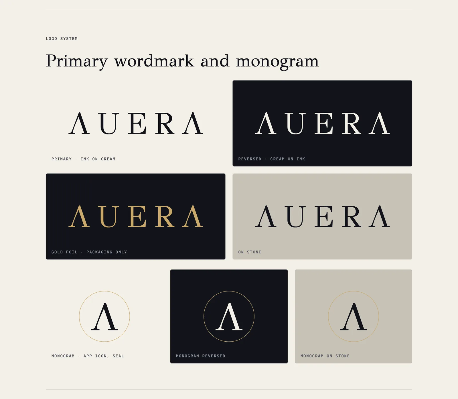 AUERA wordmark and Λ monogram in ink, cream, gold foil and stone