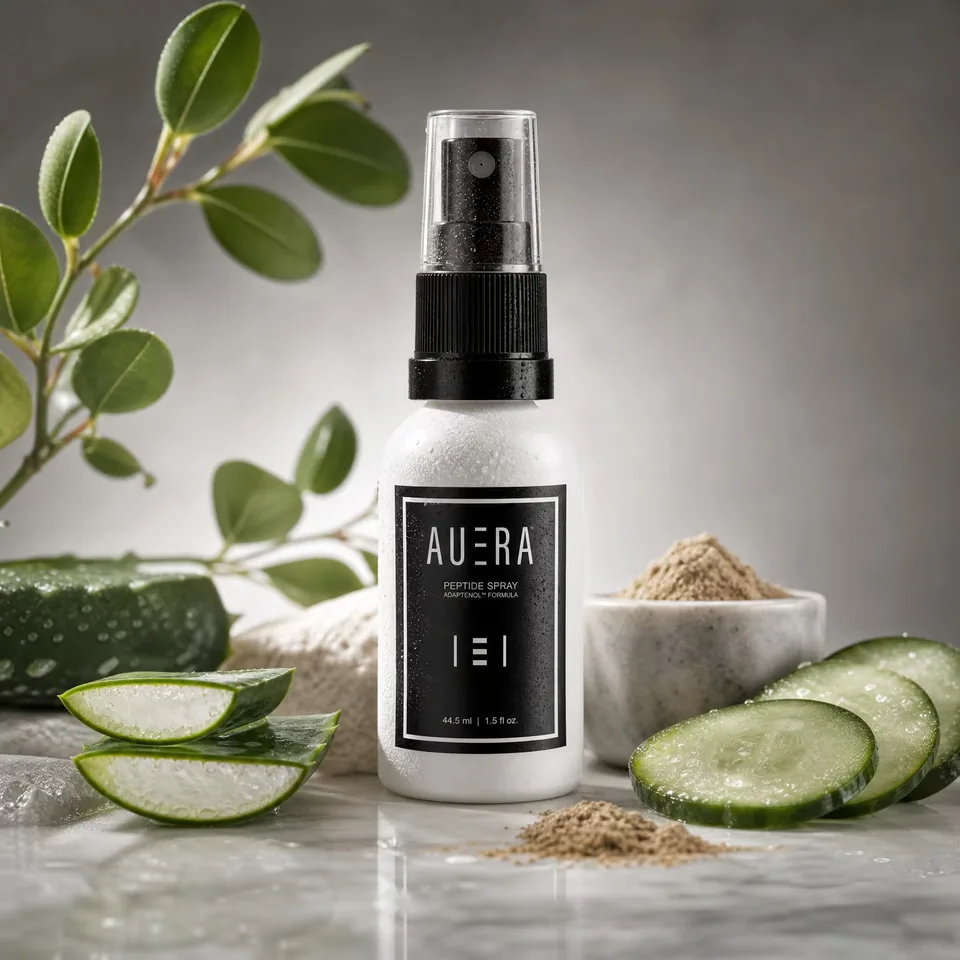 AUERA peptide spray with aloe, cucumber and mineral powder on marble