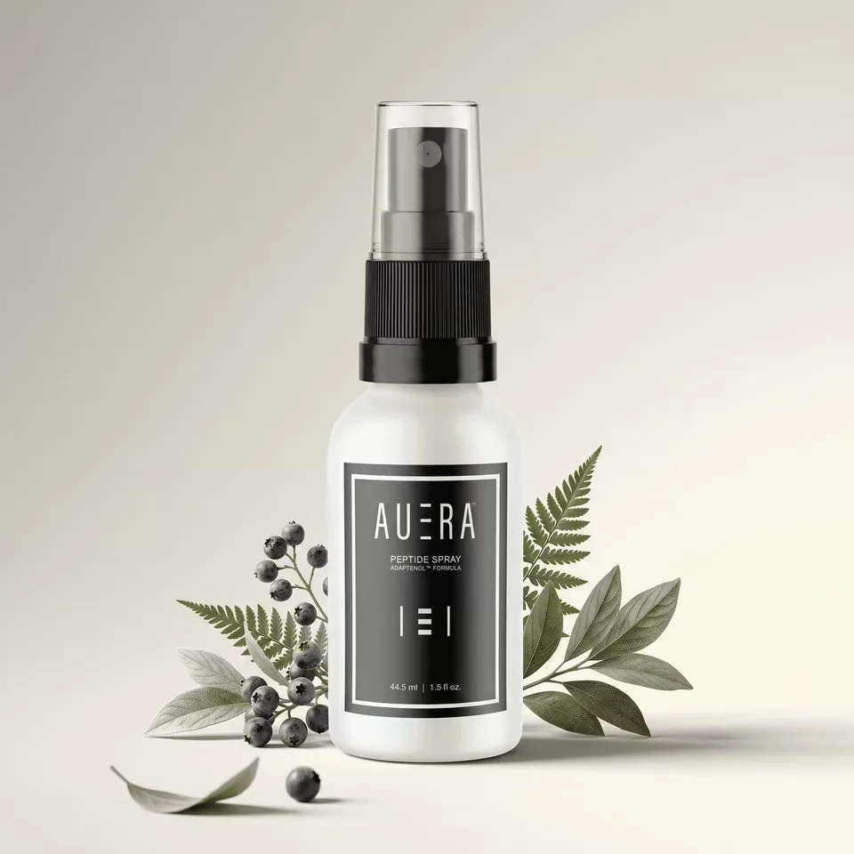 AUERA peptide spray with fern, leaves and berries on cream